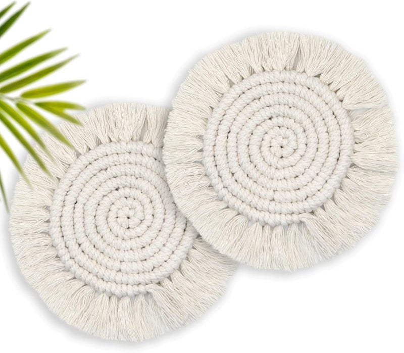 Coomin Coasters for Drinks Absorbent, Boho Coasters for Wooden Table, Farmhouse Drink Coaster Set for Kinds of Mugs and Cups, Cute Macrame Coasters for Housewarming Gift, 2PCS Round, Beige